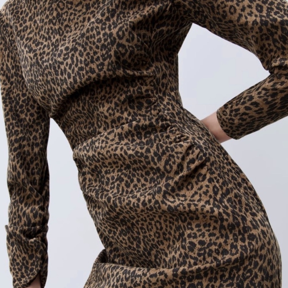 NWOT Zara Corduroy Cheetah Print Ruched Dress Mock Neck